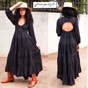 Free People Mockingbird Maxi Dress Black Elegant Eyelet S Cut Out Back Boho